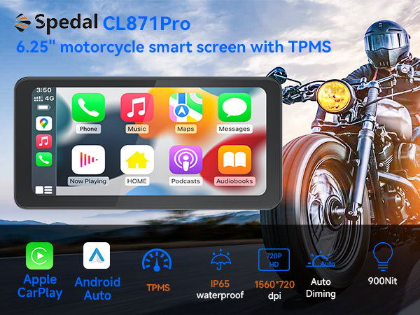 Spedal CL871P- 6.25" Motorcycle CarPlay & Android Auto Screen Quick-Release Anti-Theft Mount +TPMS & Full Body Waterproof, GPS