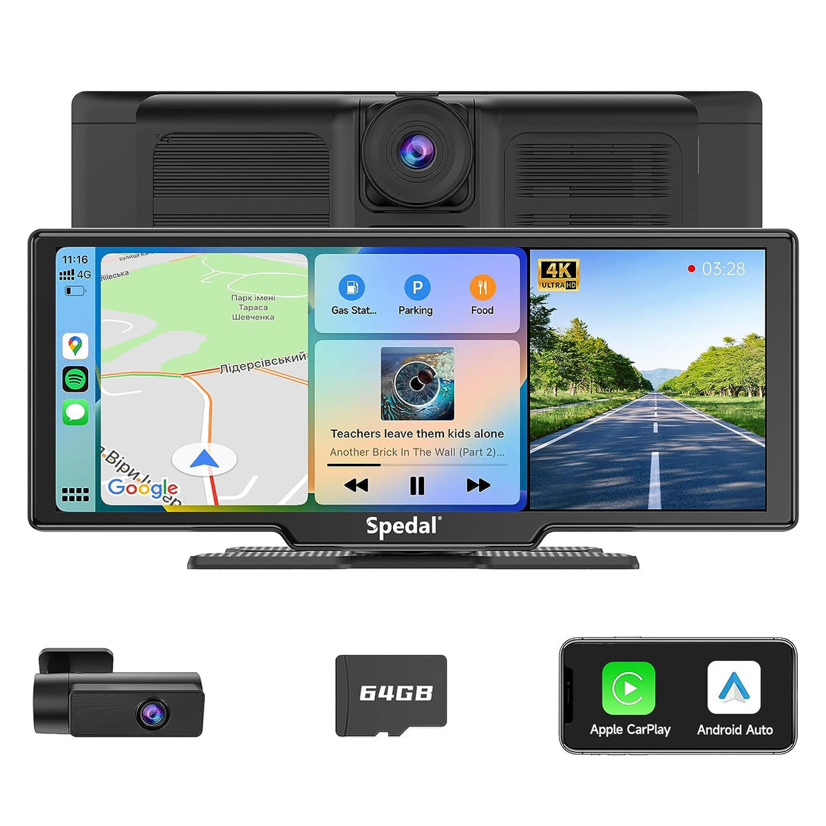 CL860-Portable 9.3" Wireless CarPlay Car Stereo with Dash Cam