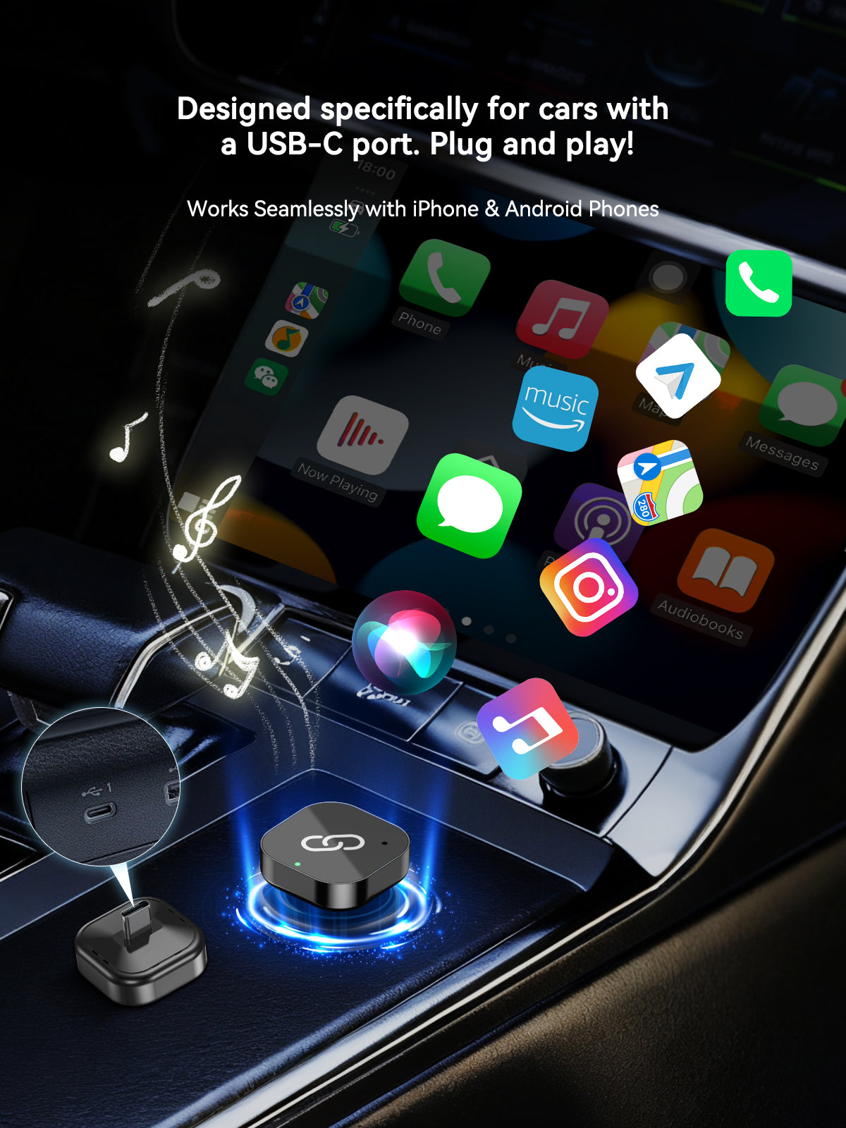 Spedal 323C 2025 Latest Wireless CarPlay Apapter USB CarPlay & Android Auto,Type-C Port