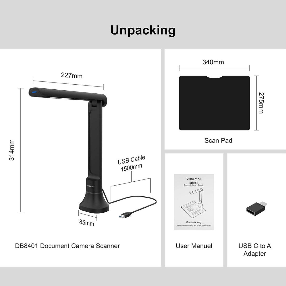 VIISAN DB8401 16MP Document Camera for Office & School, Windows/macOS Certified USB Scanner with OCR,TTS,Barcode Recognition, Fo