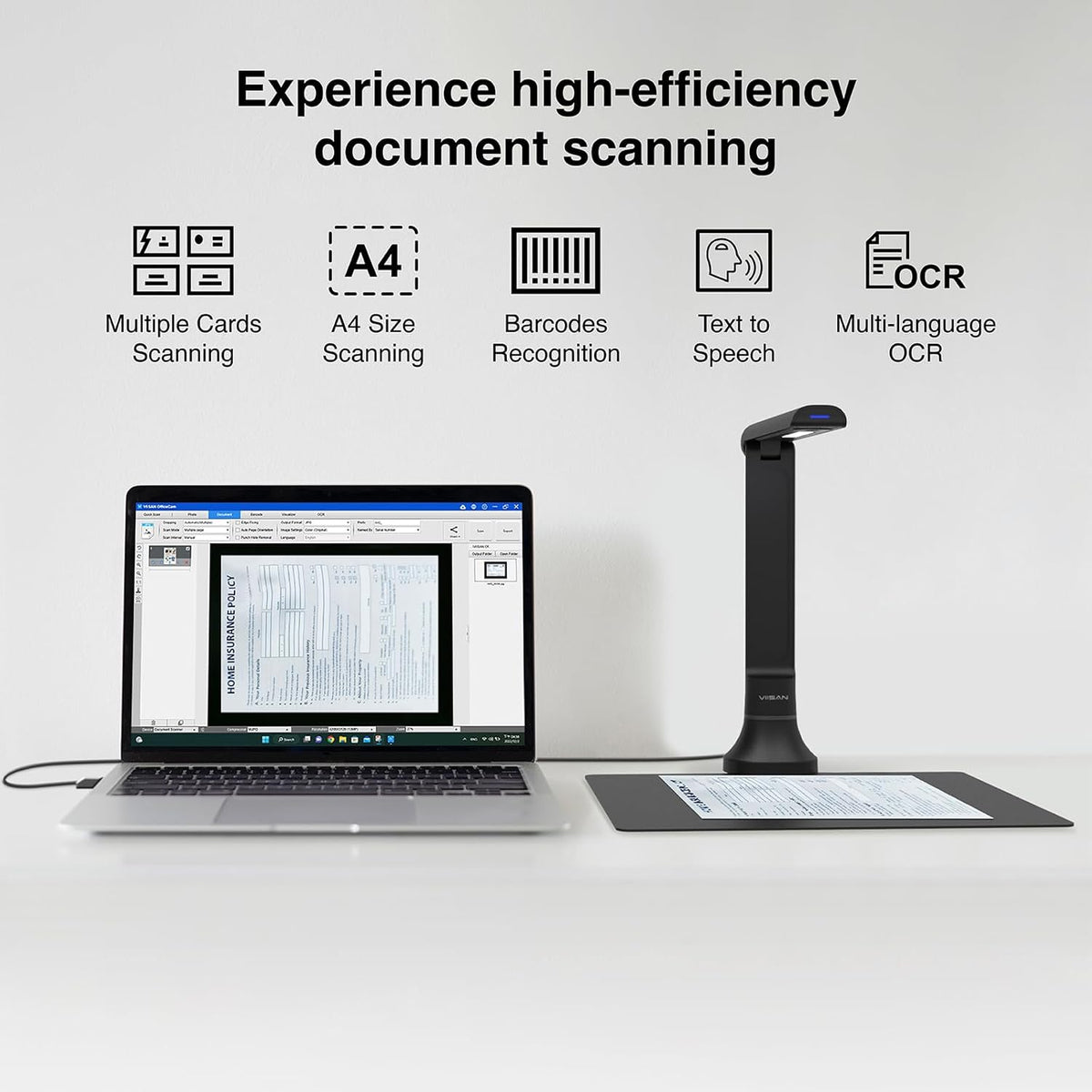 VIISAN DB8401 16MP Document Camera for Office & School, Windows/macOS Certified USB Scanner with OCR,TTS,Barcode Recognition, Fo