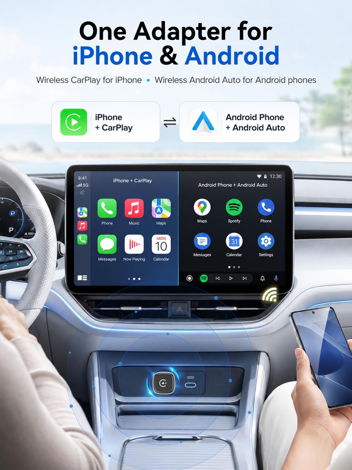 Hyphoon Mini Wireless Android Auto & CarPlay Adapter, Low-Profile USB-A 2-in-1 Wireless Adapter for Factory Wired Android Auto/CarPlay Cars, Auto Reconnect, 5GHz WiFi, USB-C Adapter Included Brand: Hyphoon